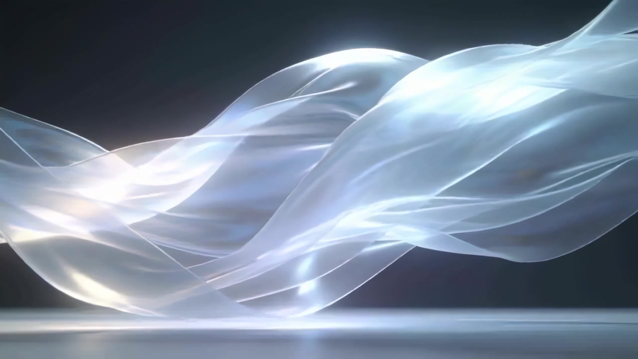 Starting soft light, ribbon cluster drifting across dark floor, revealing layered translucency