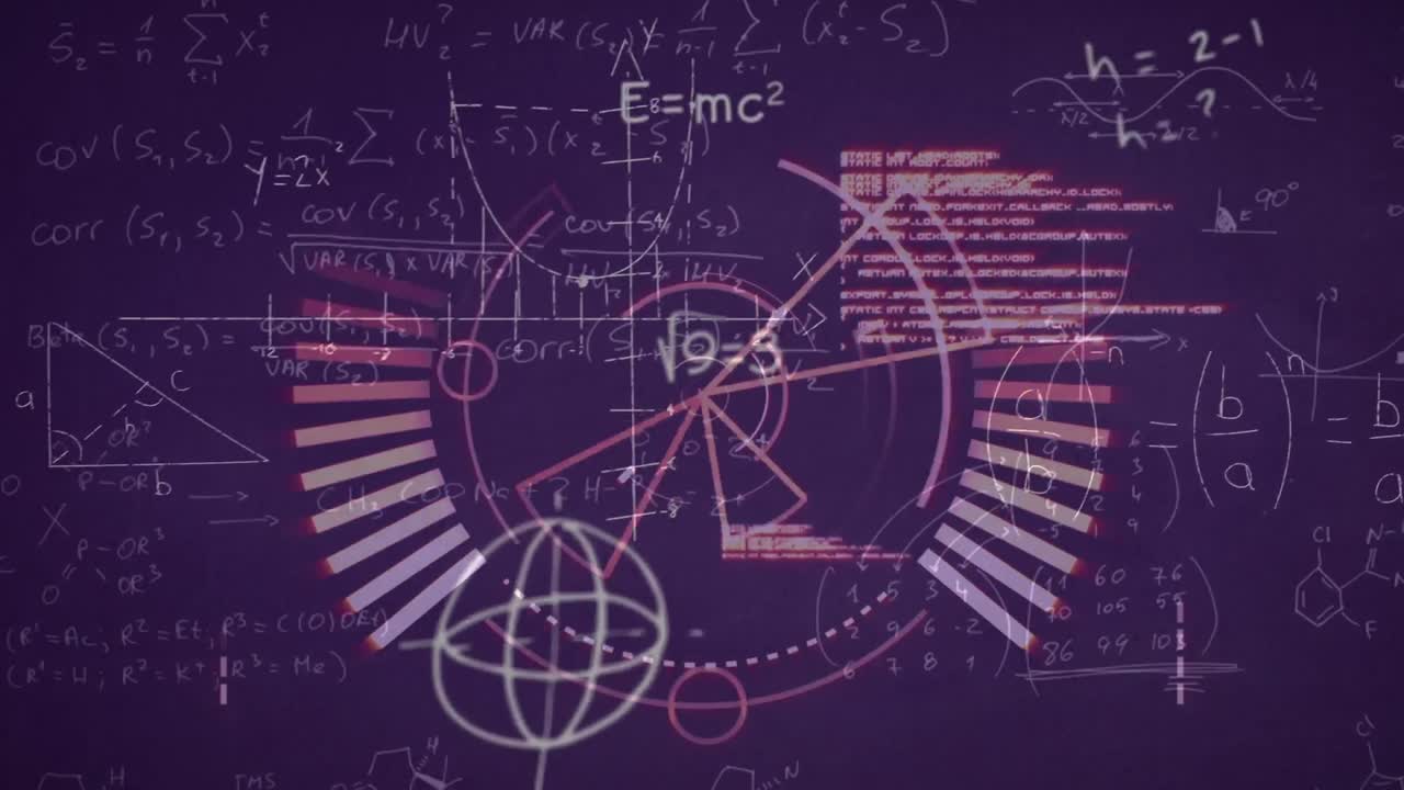 둥근 스캐너, 수학적 방정식 및 보라색 배경에 대한 데이터 처리의 애니메이션