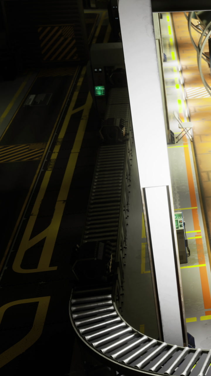 Busy conveyor belt in a modern warehouse during late evening hours
