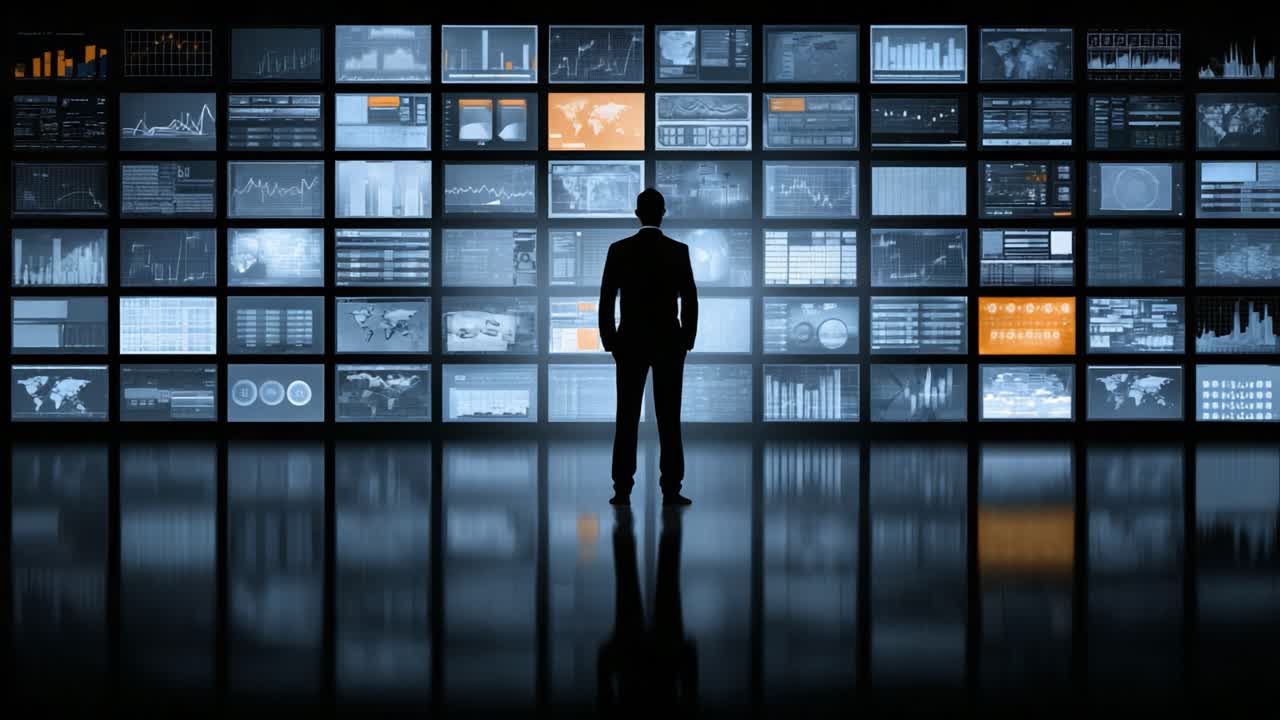 Un professionista in piedi di fronte a diversi schermi che analizza dati e contenuti visivi in un ambiente moderno