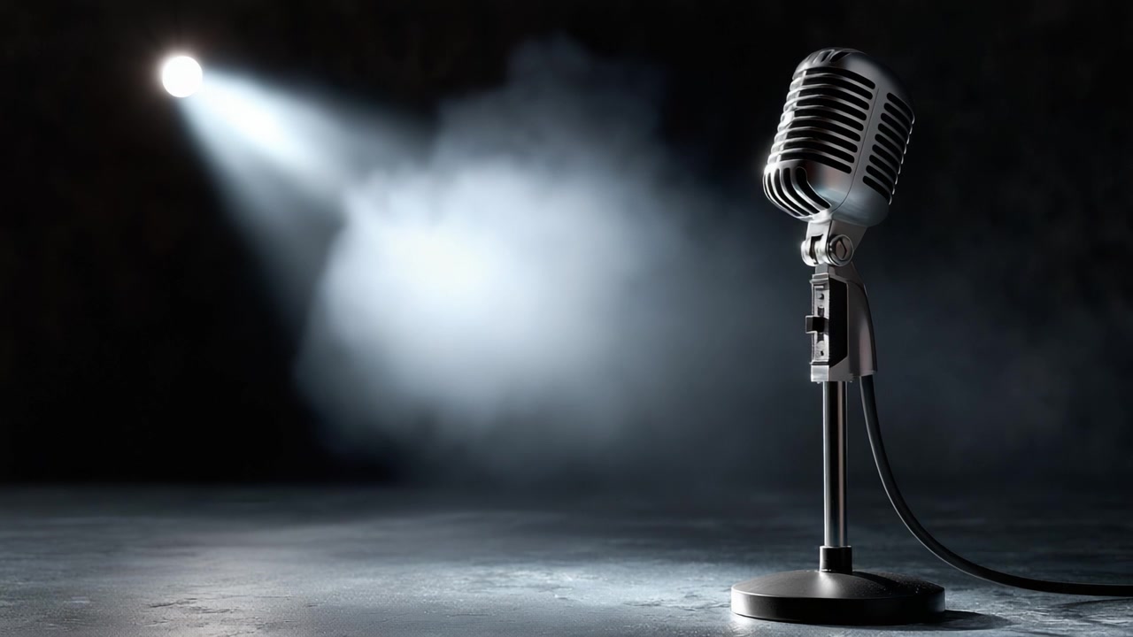 A Gleaming Microphone Standing Alone Under Spotlight: An Iconic Symbol of Music and Performance Capturing the Essence of Stage Presence and Artistry