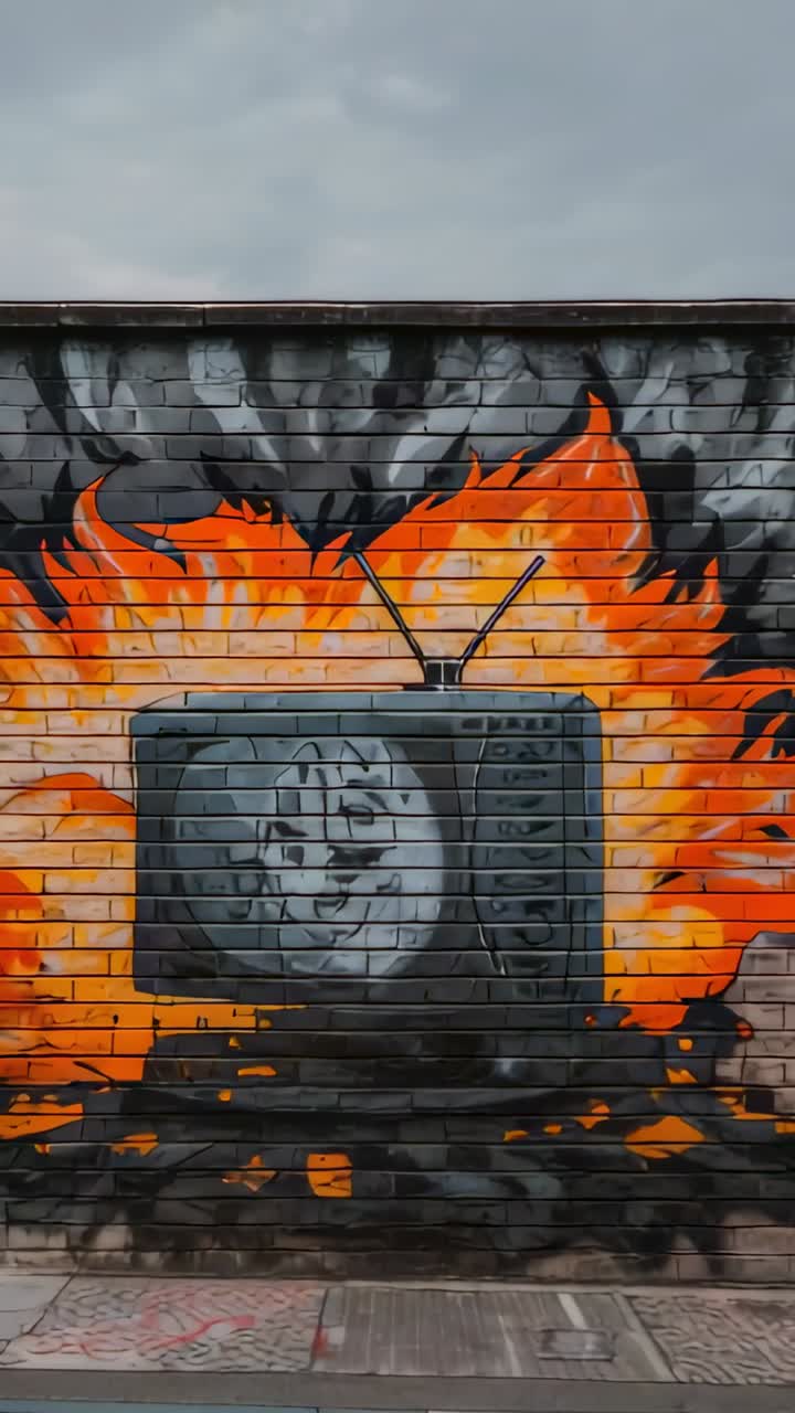 Vertical video: Tilting camera revealing mural of vintage TV on brick wall, with TV antennas