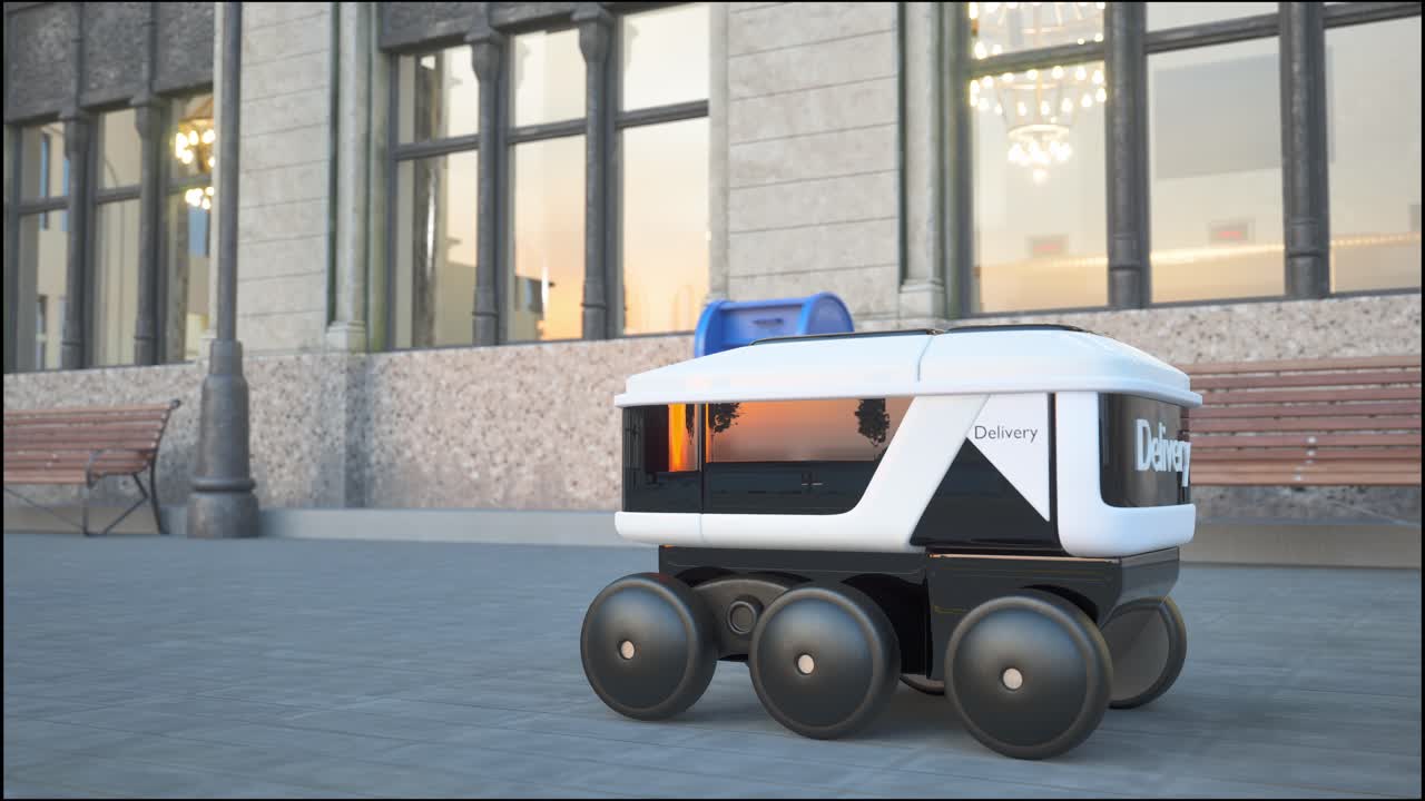 servicio automatizado de entrega de robots que conducen en la calle urbana. el robot inalámbrico inteligente moderno entrega bienes o alimentos a un cliente. nueva industria tecnológica de iot de entrega de logística de tienda en línea