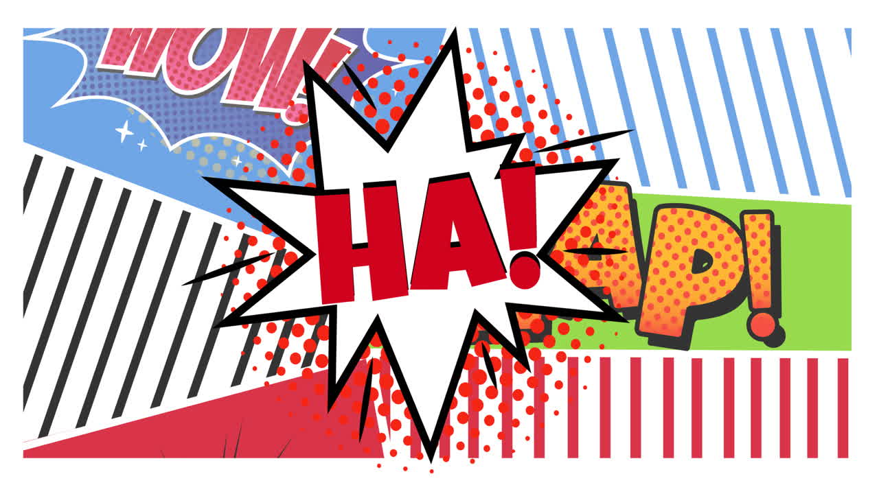 화이트 배경에 음성 거품과 선으로 움직이는 만화 텍스트의 애니메이션