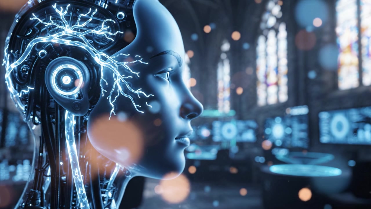 A Futuristic Robotic Head: Showcasing Advanced Technology and Artificial Intelligence in a Stunning High-Tech Environment with a Beautifully Detailed Design