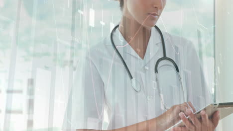 animation of financial data processing over caucasian female doctor using tablet