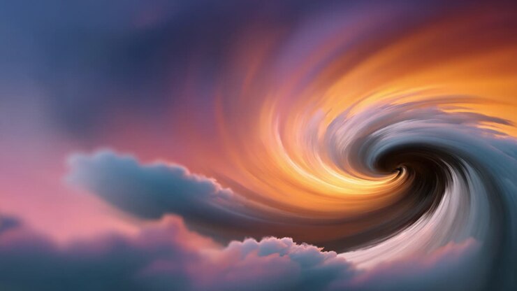 A Beautiful Vortex of Colorful Swirling Clouds at Sunset - A Captivating Display of Nature's Wonders in the Sky Blending Orange, Purple, and Blue Hues