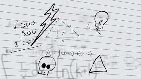 múltiples iconos de conceptos escolares contra ecuaciones matemáticas en papel de línea blanca