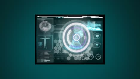 animación de escaneos y procesamiento de datos médicos en pantallas digitales