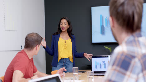 Happy-african-american-casual-businessman-presenting-to-diverse-colleagues-at-meeting,-slow-motion