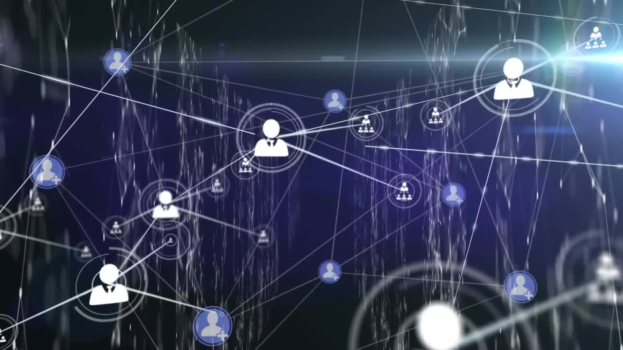 Animation of network of connections with icons on black background