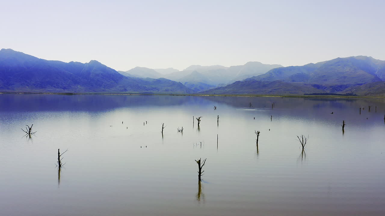 죽은 나무가 있는 평온한 산 호수