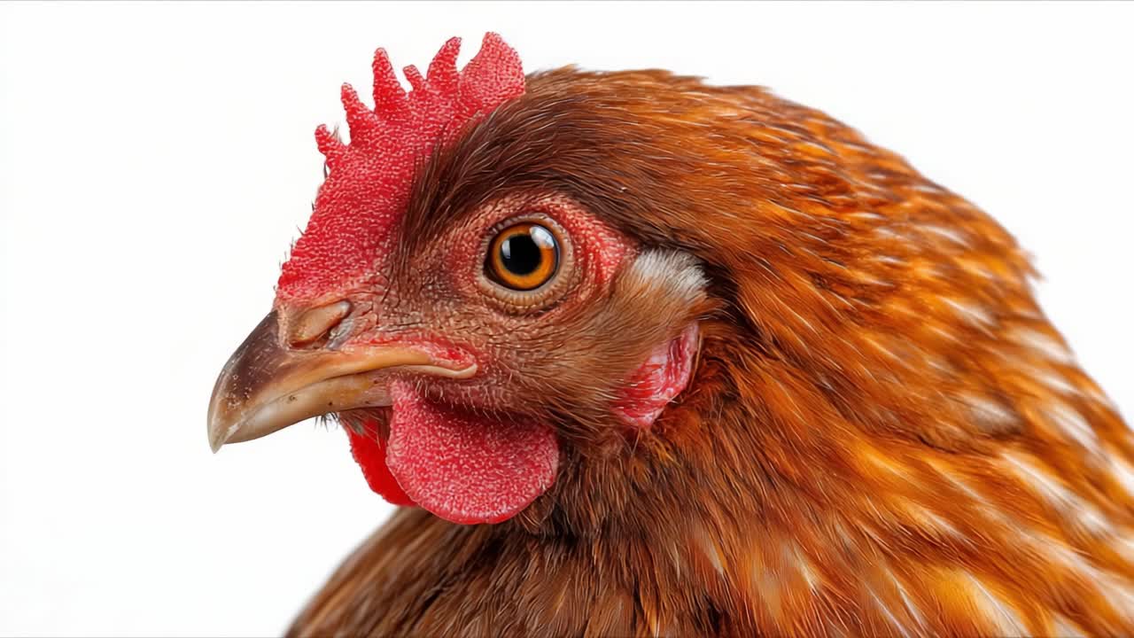 Cautivador primer plano de una majestuosa gallina mostrando características detalladas y expresiones únicas, resaltando perfectamente su hermoso plumaje y ojos brillantes.