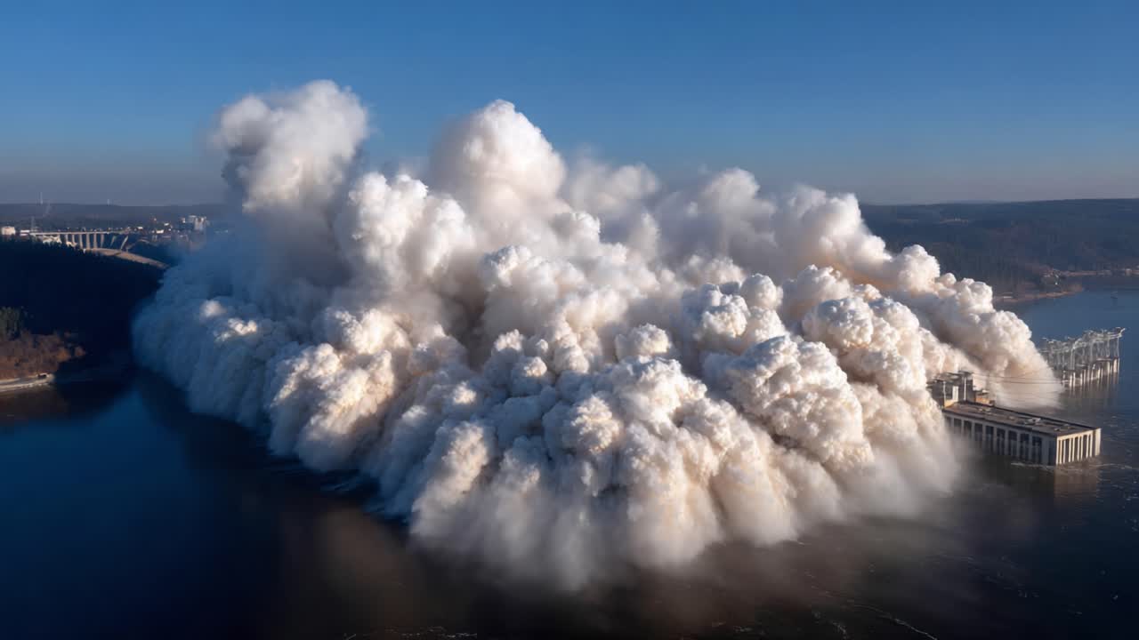 Stunning Aerial View of a Controlled Explosion Creating Massive Clouds of Dust and Debris Over Water, Capturing the Power of Nature and Engineering