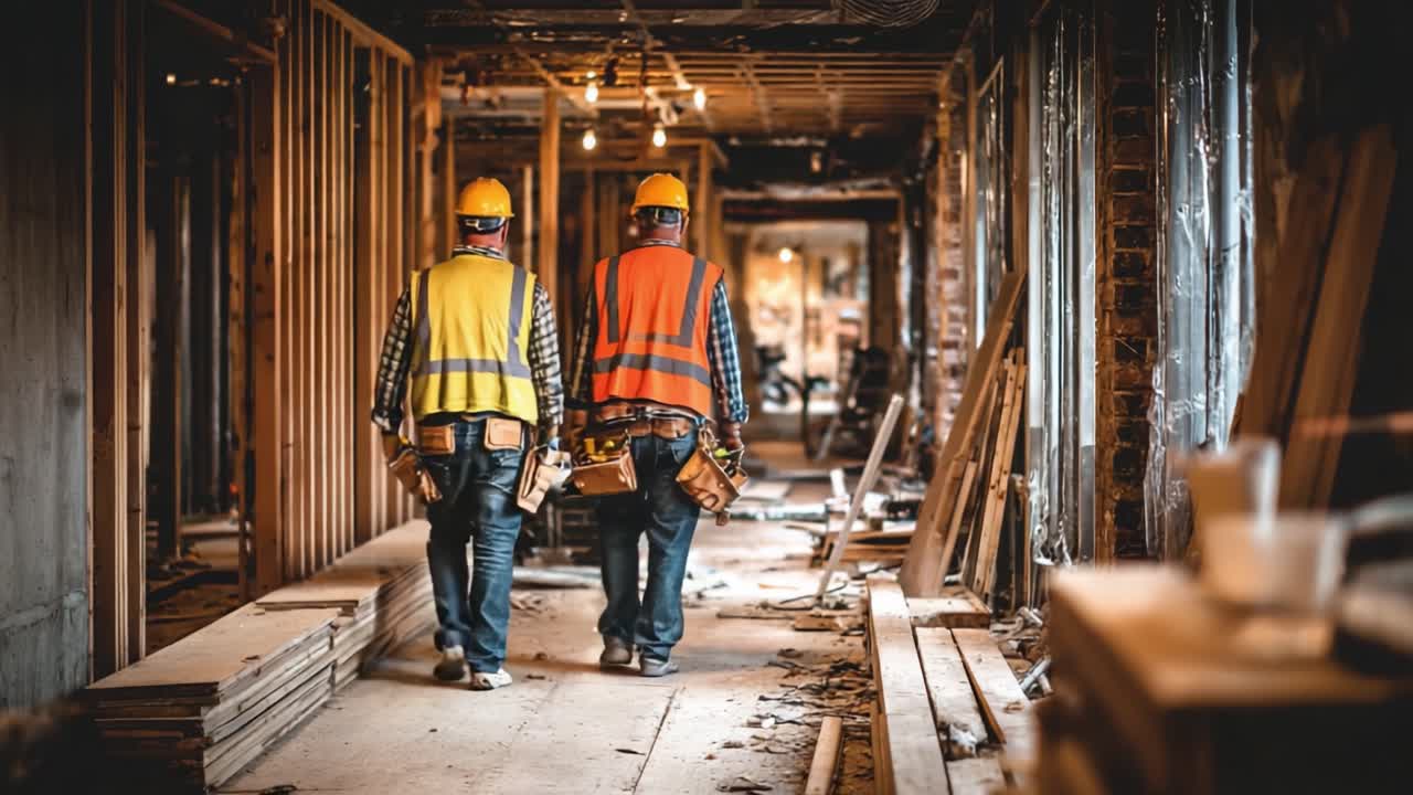 Two Construction Workers Walking Through a Renovation Site, Showcasing Their Safety Gear and Tools Amidst Ongoing Building Improvements and Wooden Materials
