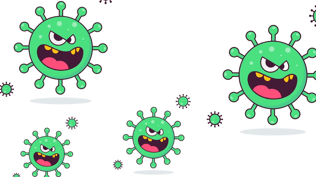 Cellule animate del virus Covid-19 dall'aspetto sgradevole con grandi bocche