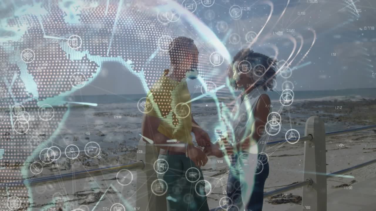Couple exchanging object on boardwalk while inspecting, technology globe overlay circling hands