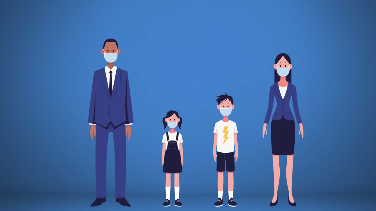 파란색 배경에 얼굴 마스크를 착용 한 가족 아이콘