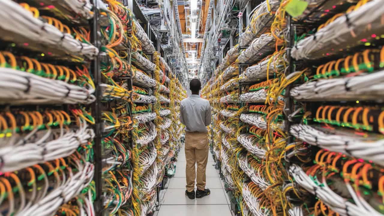 A Technician Navigating Through Extensive Server Racks Surrounded by Complex Wiring in a High-Tech Data Center Environment