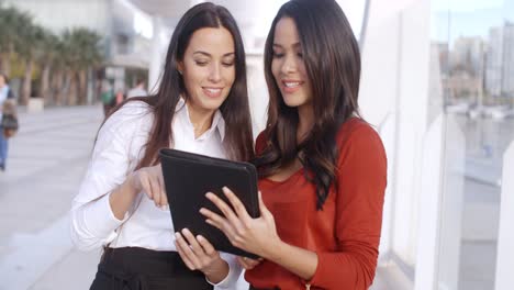 dos mujeres de negocios elegantemente vestidas hablando