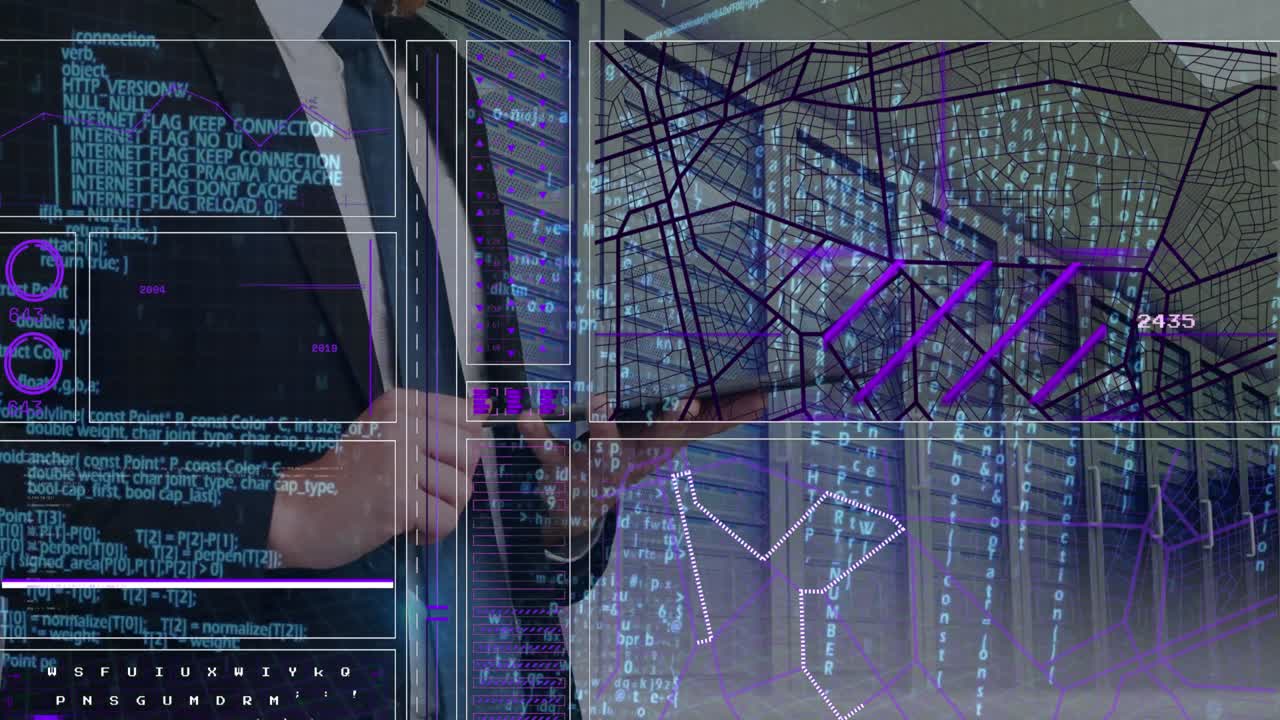 animación del procesamiento de datos sobre un empresario caucásico en la sala de servidores