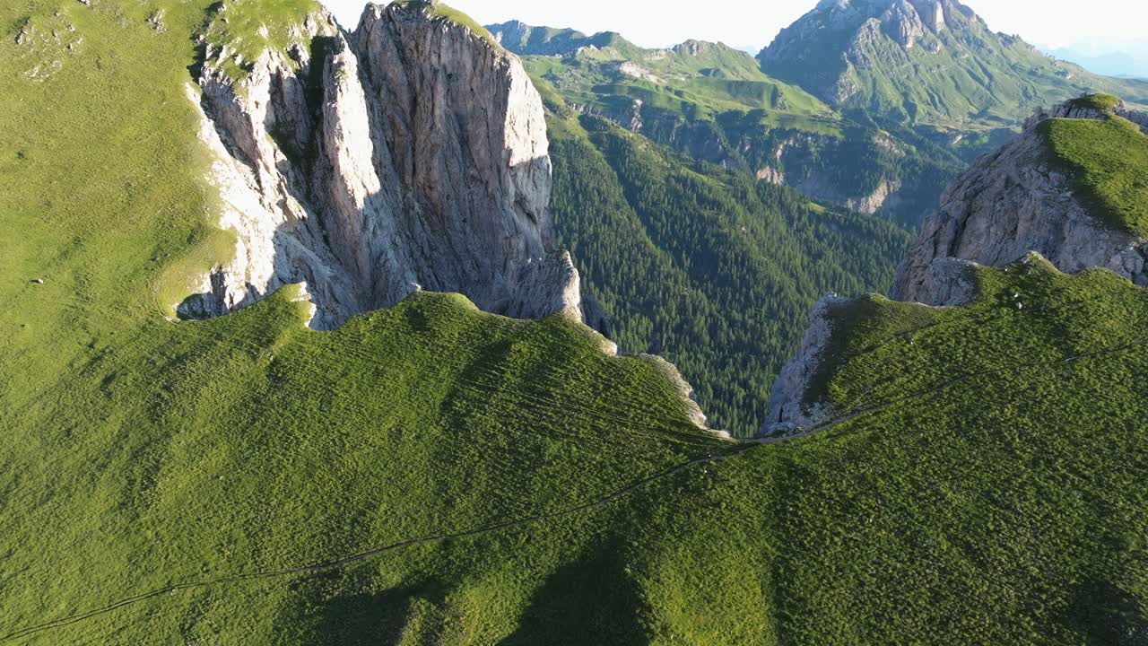 una vista impresionante de los dolomitas que muestra un acantilado empinado yuxtapuesto contra un denso y exuberante bosque de abajo, con la luz del sol proyectando sombras sobre el terreno verde