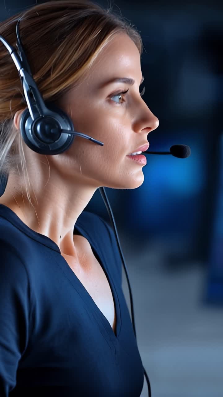 Professionista concentrato con auricolare impegnato nella comunicazione, che dimostra concentrazione e determinazione per connettersi e fornire assistenza con precisione.