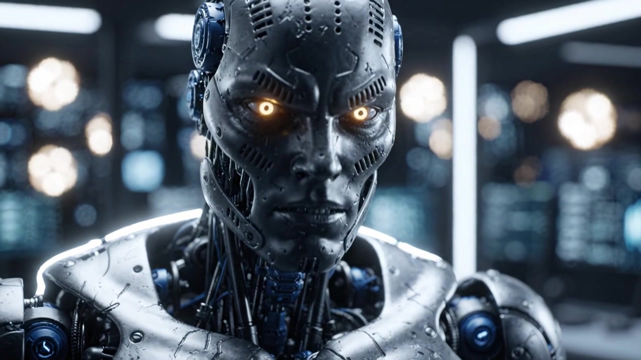 En detaljeret udforskning af en futuristisk humanoid robot, der fremhæver avanceret teknologi, komplekst design og fusionen af kunstig intelligens med menneskelignende træk.