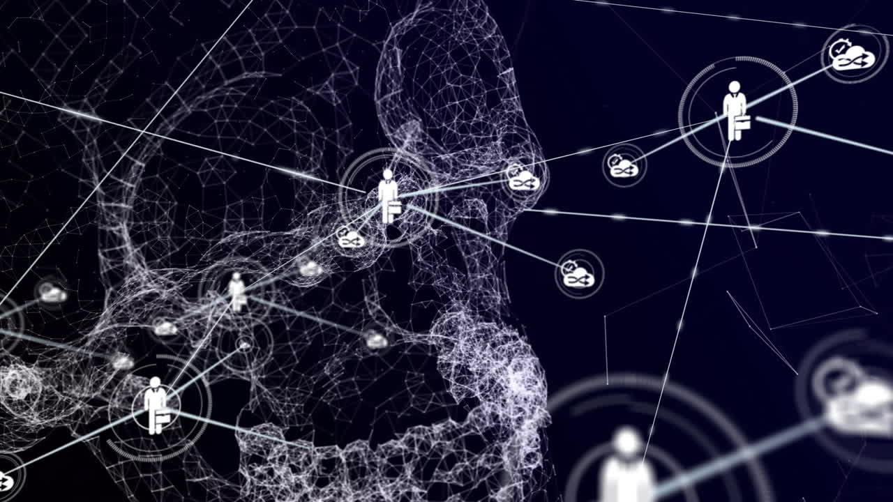 Wireframe technology network linking business icons carrying briefcases to cloud-sync symbols