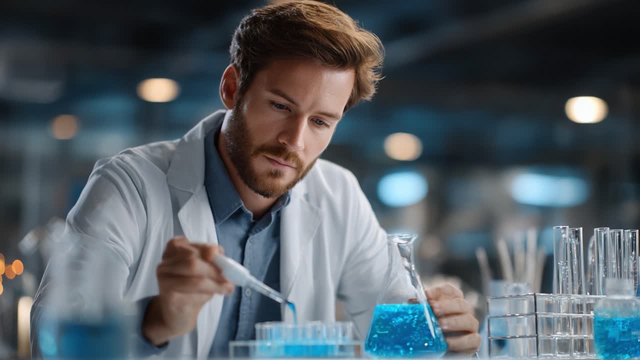 A Focused Scientist Conducting Experiments with Vibrant Blue Solutions in a Modern Laboratory Setting, Showcasing Precision and Expertise in Chemistry