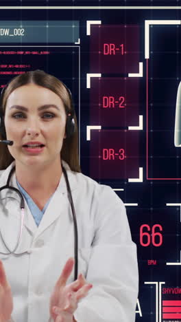 interface digital com processamento de dados médicos contra uma médica usando fones de ouvido