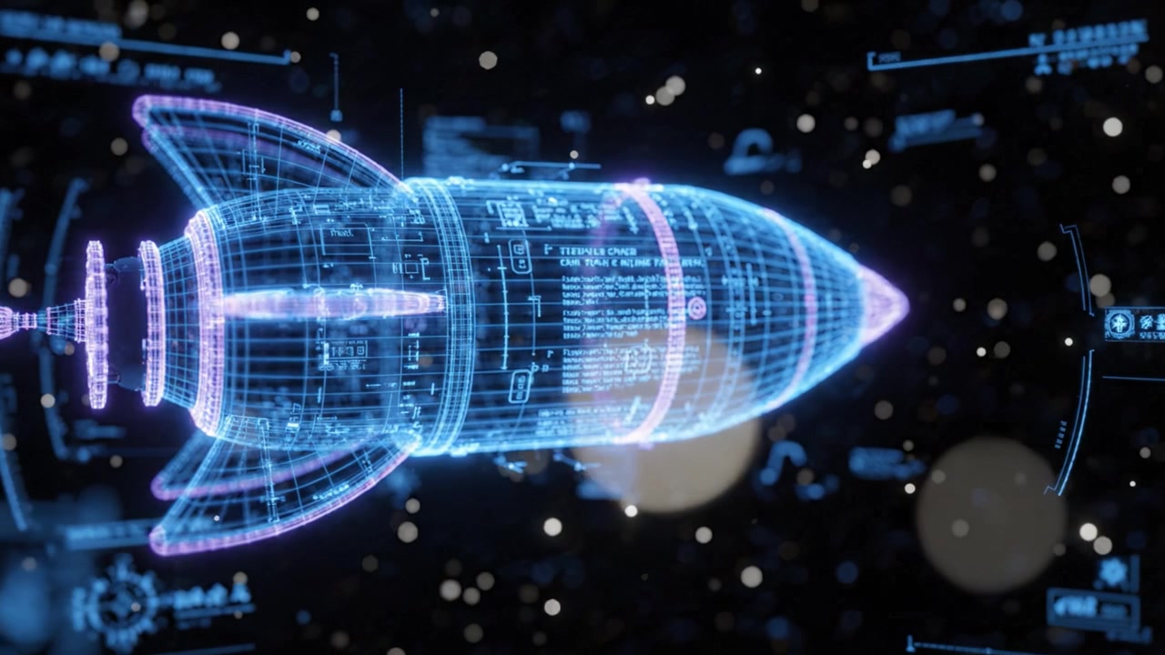 Futuristic rocket launch in space visualization with holographic projections detailing advanced technology and design elements of the spacecraft's structure.