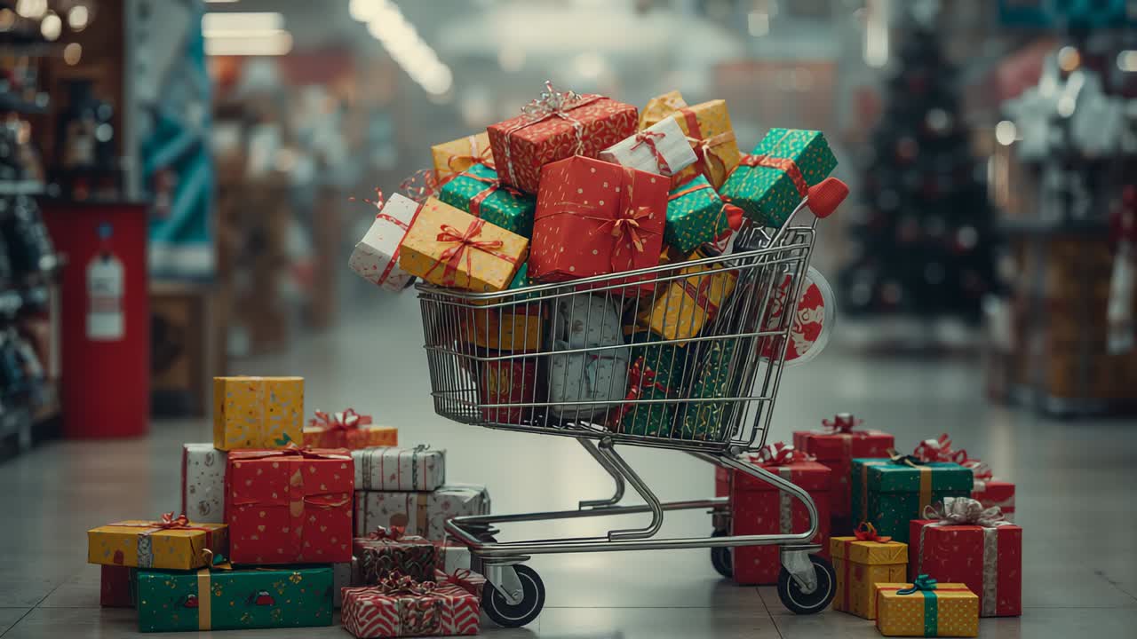 Pushing camera toward metal cart overflowing with gift boxes at holiday aisle, showing holiday mood