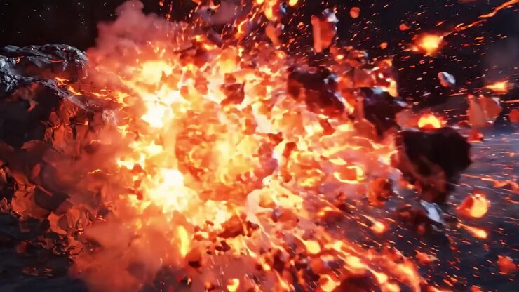 A Stunning Visual of a Fiery Meteor Approaching Earth, Capturing the Spectacular Moment of Its Explosive Impact and Eruption in Outer Space