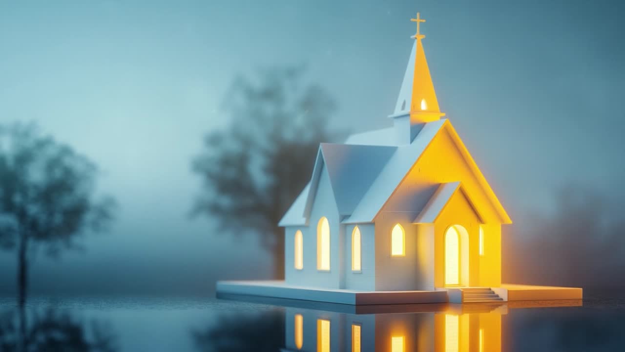 A luminous church at night