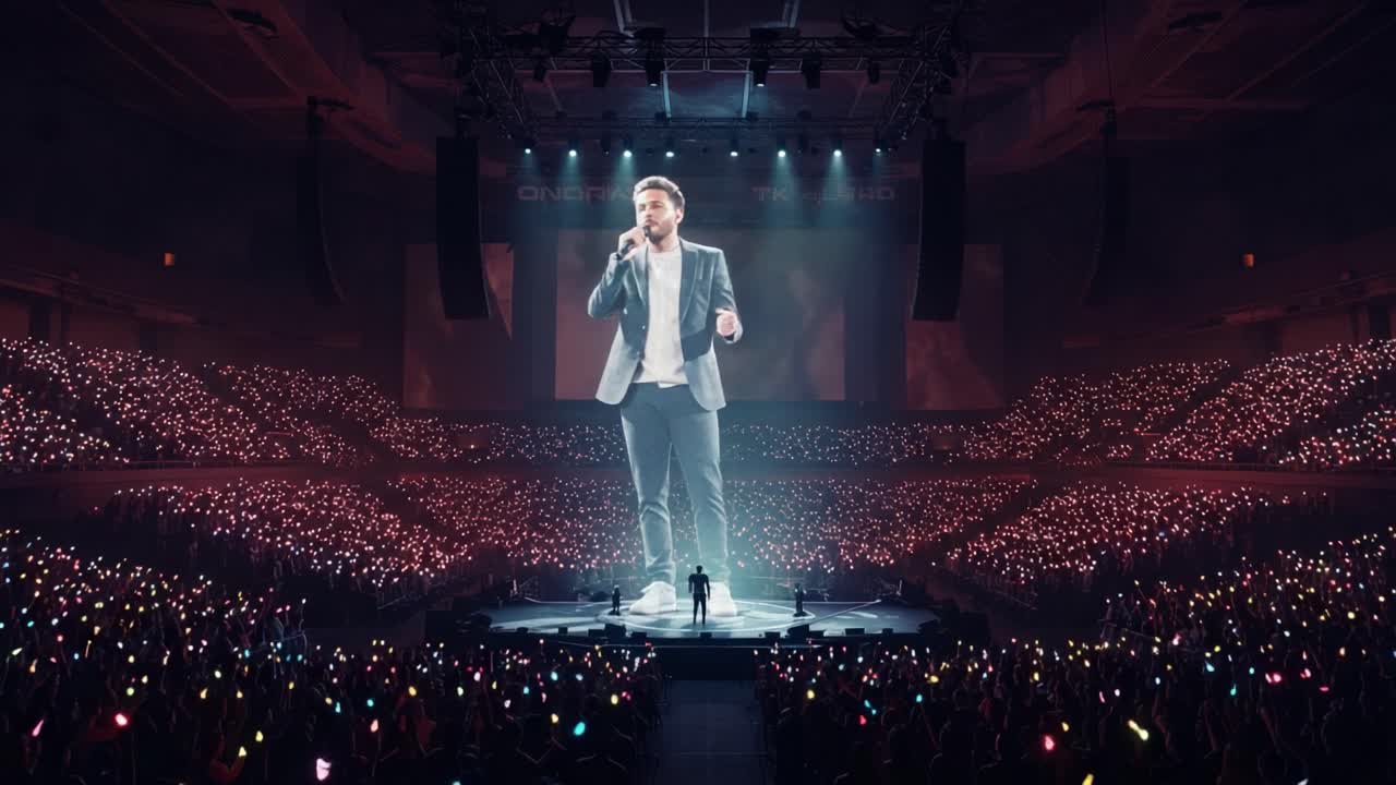 A Stunning Virtual Concert Experience with a Holographic Performer Captivating an Enthusiastic Audienceholding Colorful Lights in a Packed Arena