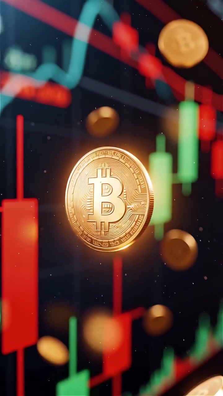 Moedas de Bitcoin douradas com fundo de gráfico de velas desfocado 4K