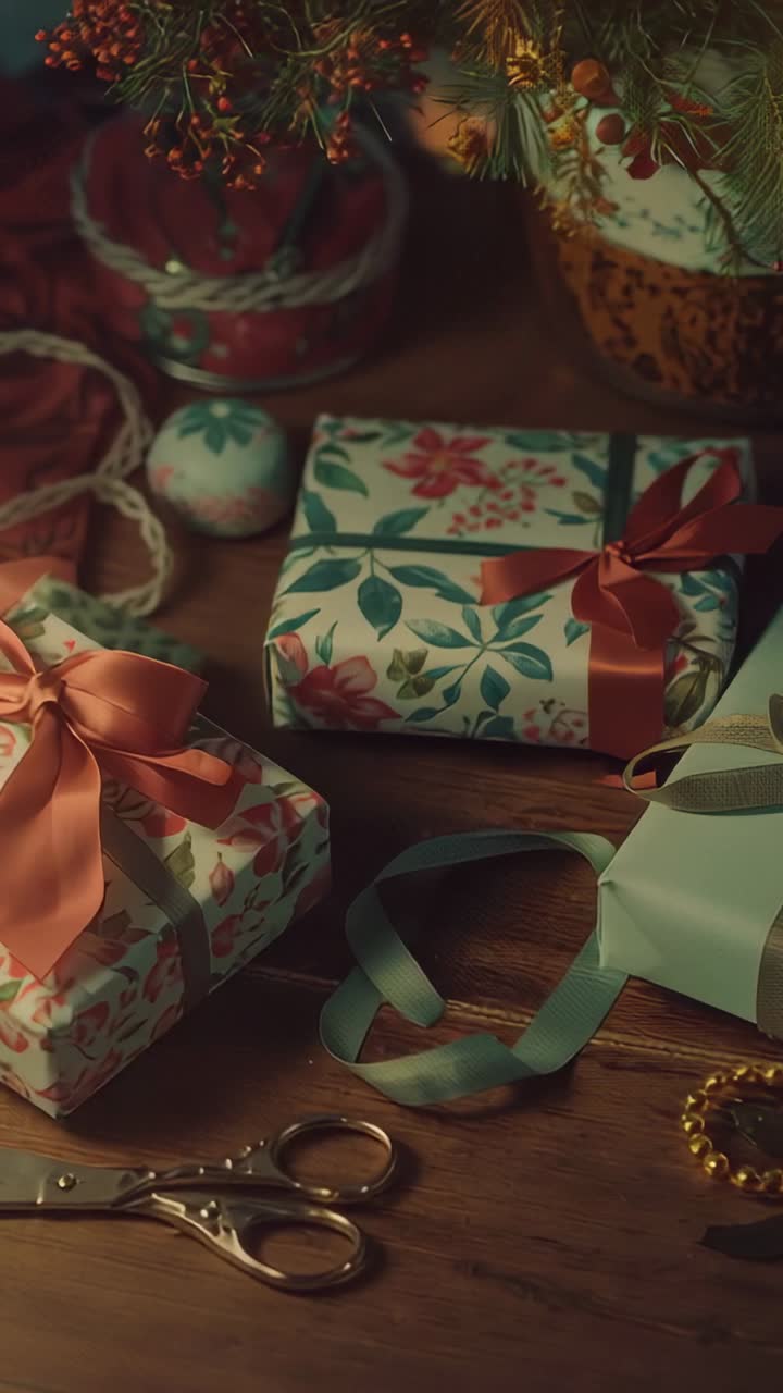 Vertical video: On start camera tilting over workshop table with ribbon, focusing on pink gift box