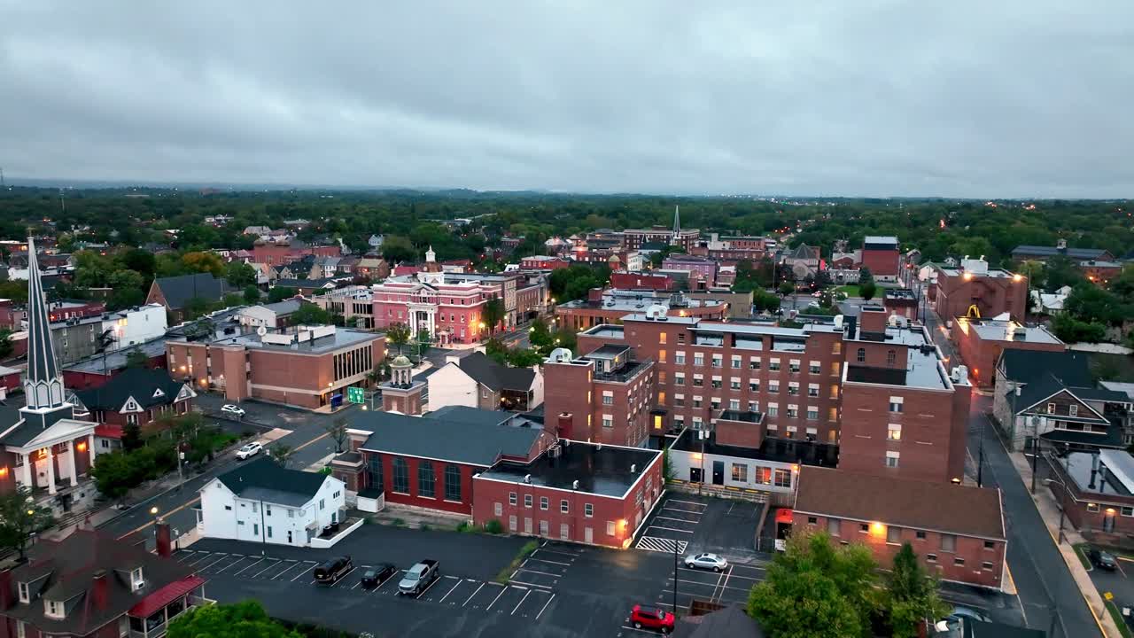 high aerial push over martinsburg west virginia at dawn