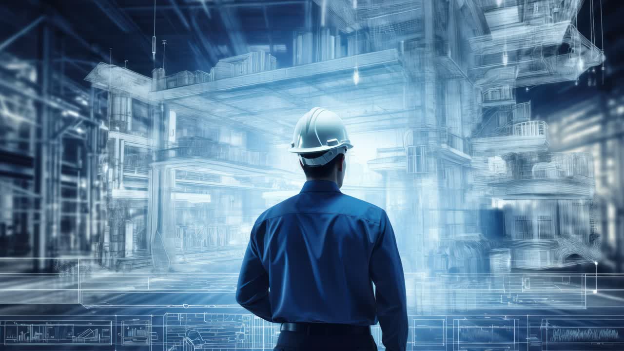A man in a hard hat views a digital architectural model. The low-angle shot creates a futuristic