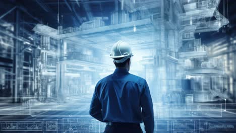 a man in a hard hat views a digital architectural model. the low-angle shot creates a futuristic