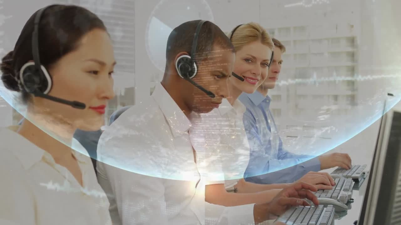 전화 헤드 ⁇ 을 사용하는 다양한 사업가들에 대한 전 세계의 애니메이션