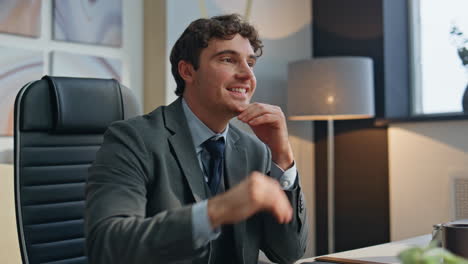 relaxed businessman working computer closing laptop at office closeup. man break