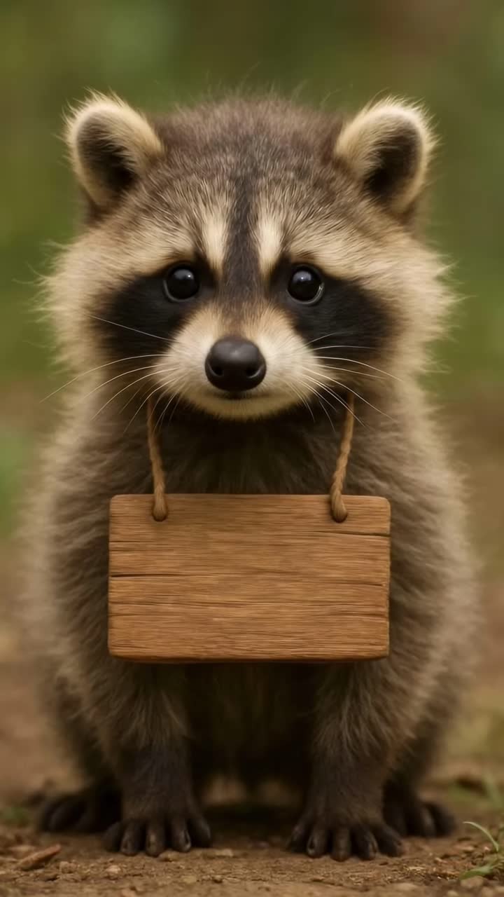 A close-up video frame of a cute raccoon with a wooden sign around its neck, shot from a low angle