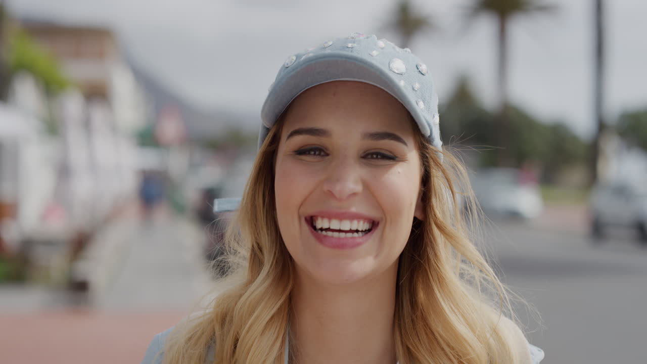 retrato de una hermosa mujer rubia y linda riendo alegremente con sombrero disfrutando de la playa soleada