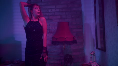 woman in retro dress in a nightclub setting