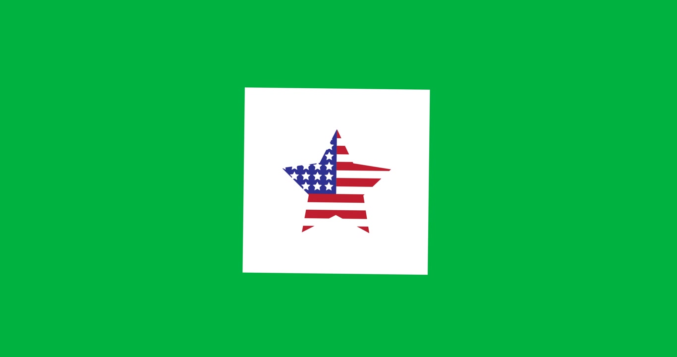 Motivo della bandiera americana sopra un'icona a stella, sopra un banner quadrato bianco su sfondo nero.