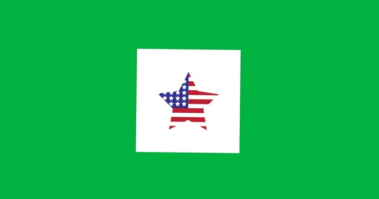 American flag design over star icon over white square banner against black background
