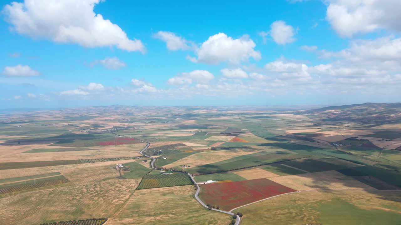 Stunning aerial shot of patchwork fields and a winding road in rural Tunisia. Blue sky and fluffy clouds.