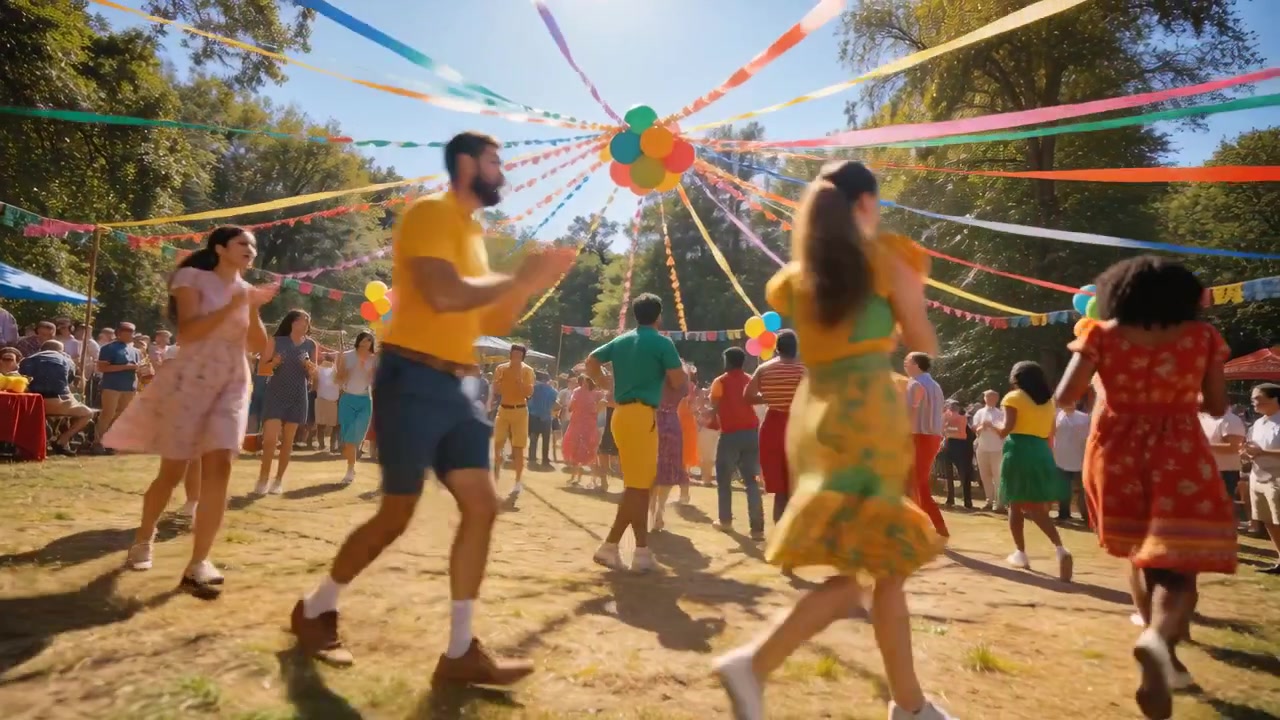Musikken starter, dansere klapper og træder ved en parkmesse omkring en båndinstallation, iført kjoler og shorts.